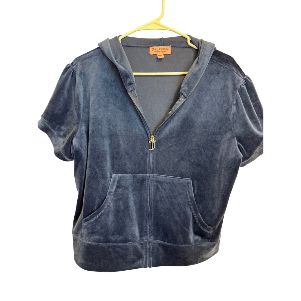 Y2K Juicy Couture Women's Velour Short Sleeve Track Hoodie Size Large Navy Blue